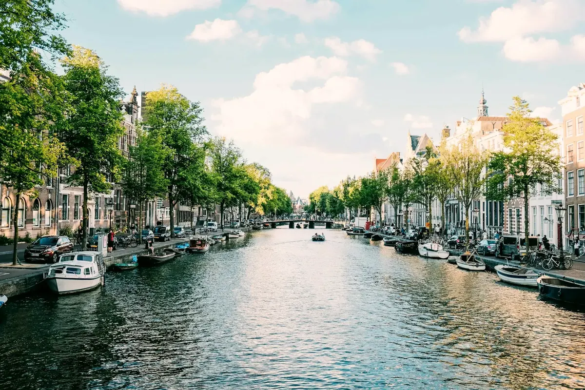 Zonnige gracht met bootjes en bomen langs de kade